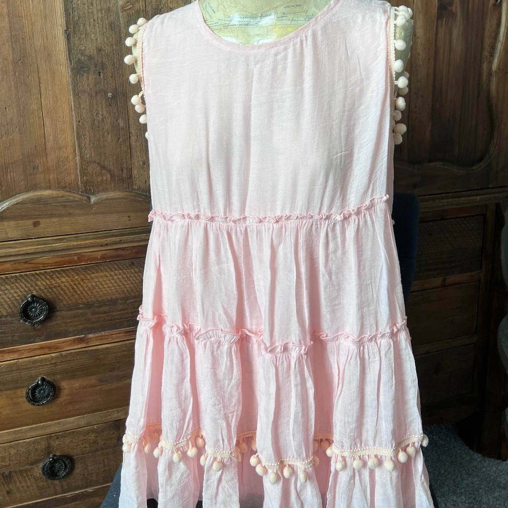 Pink Tiered Pom-Pom Women's Sleeveless Top